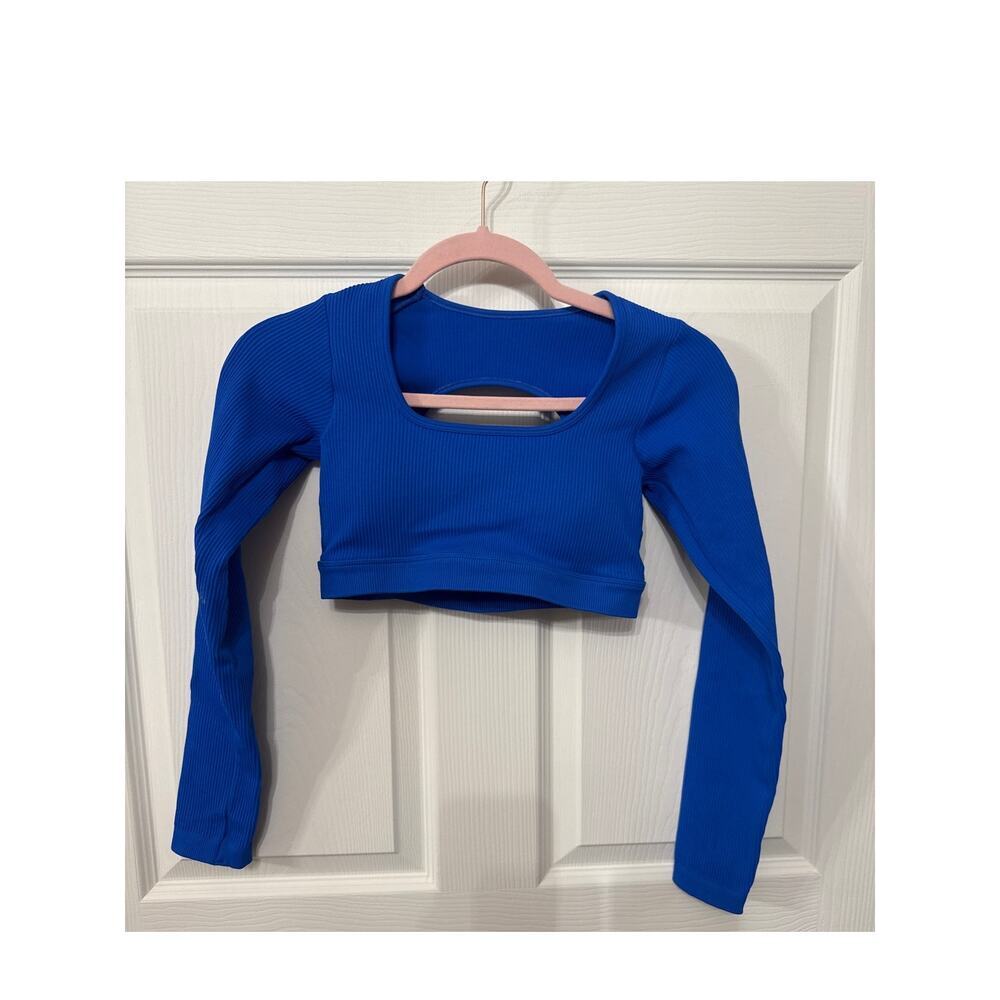 Royal Blue Cropped Long Sleeve Ribbed Workout Top, Small